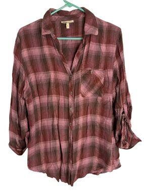 Hester & Orchard Purple Plaid 3/4 Sleeve Button Down Shirt Size Medium